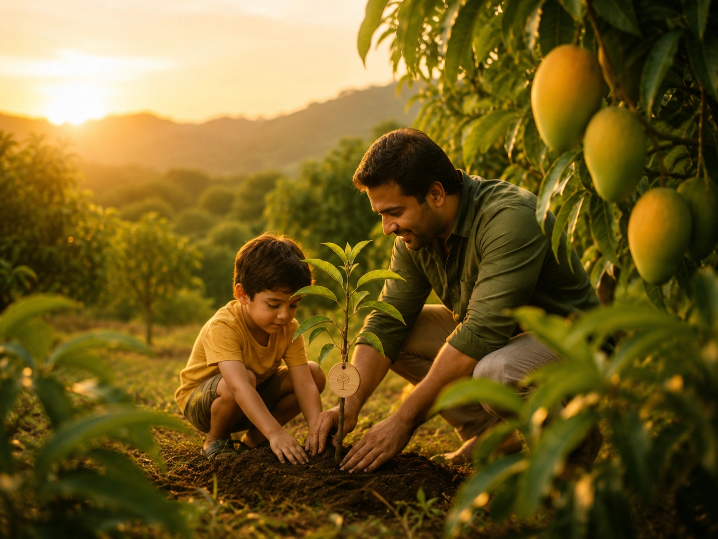 Father and child planting a mango tree in a mango orchard