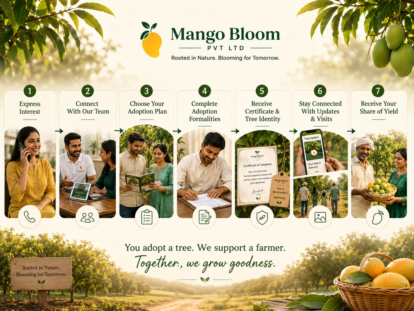 Mango Bloom adoption workflow from enquiry to tree identity and yield sharing