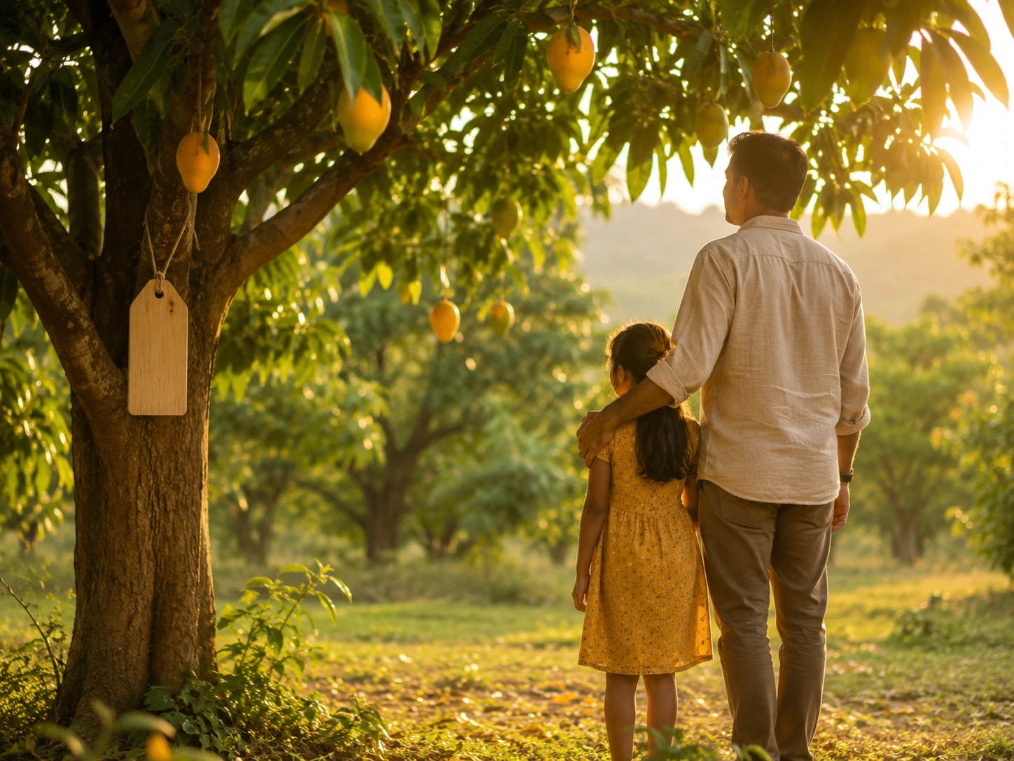 A father and child reconnecting with nature in a mango orchard