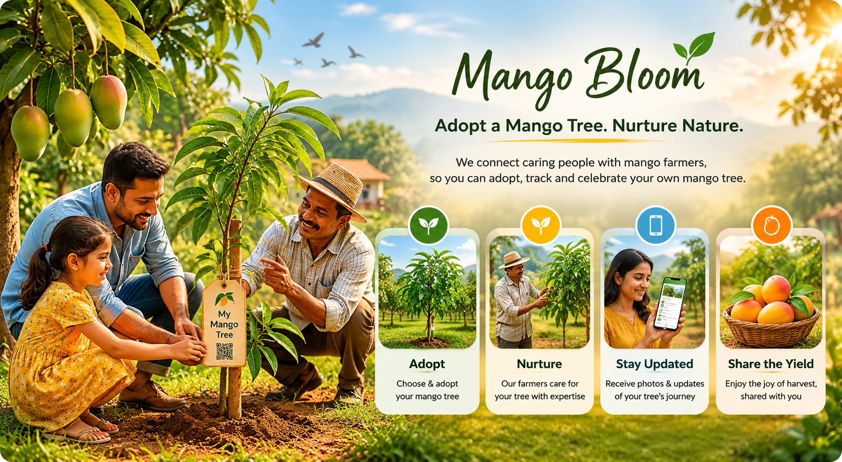 Mango Bloom adoption concept showing adopters, farmers, updates and yield