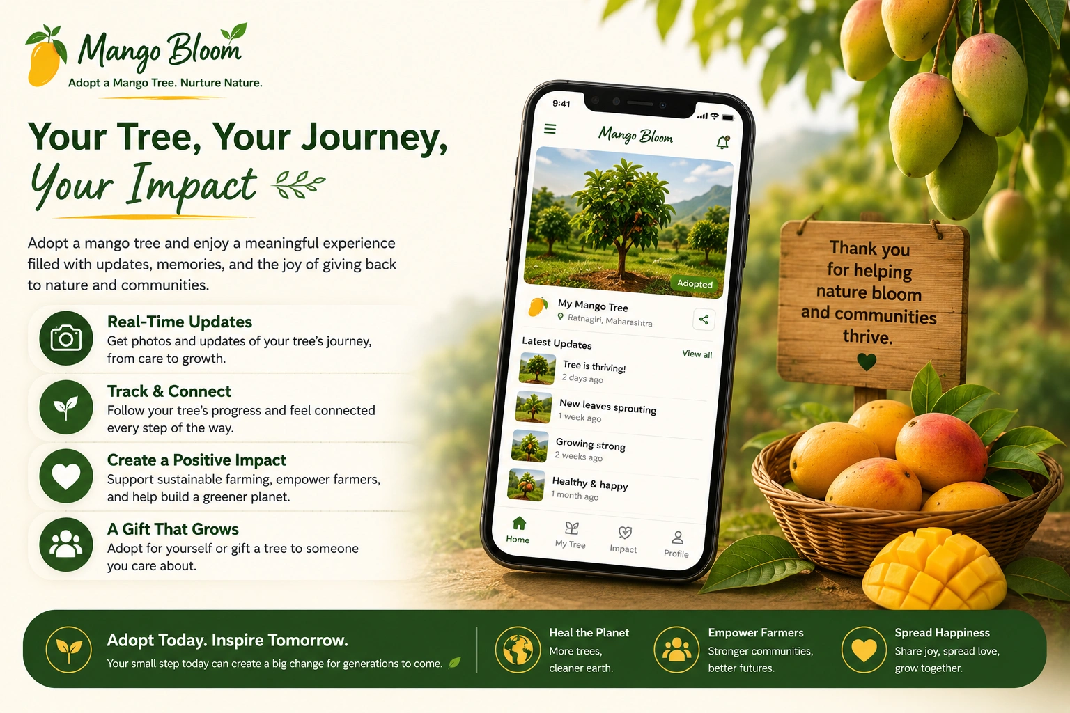 Mango Bloom tree journey showing updates, growth and positive impact